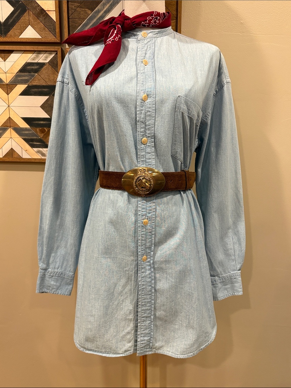 Vintage Ralph Lauren Country Light Blue Chambray High Neck Button-Down Top Large